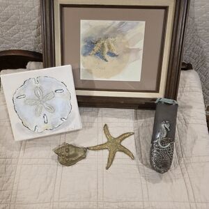 Coastal Wall Art & Brass Sea Accents - Starfish, Sand Dollar, Seahorse